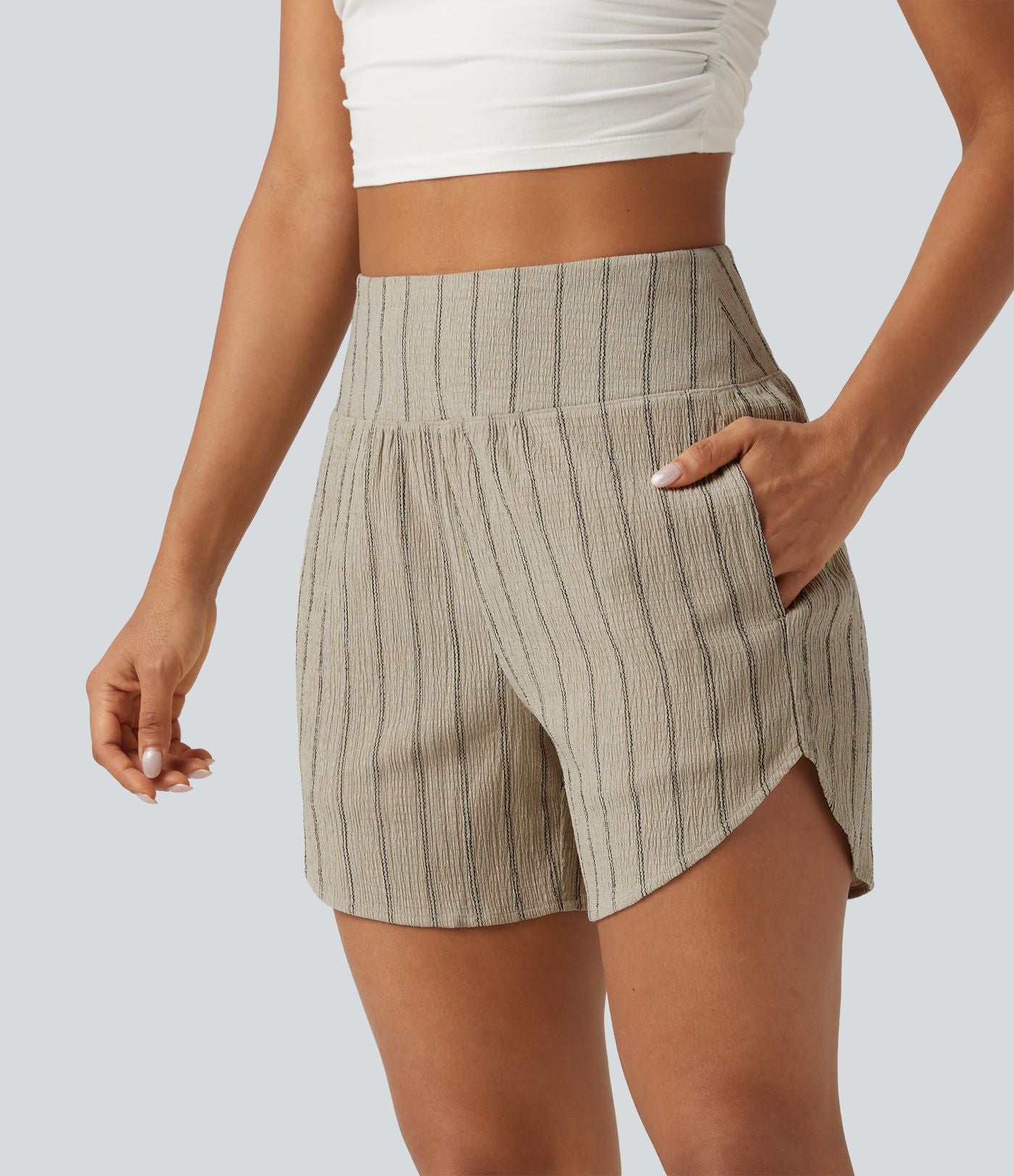 Short casual taille haute ourlet arrondi rayures avec poches