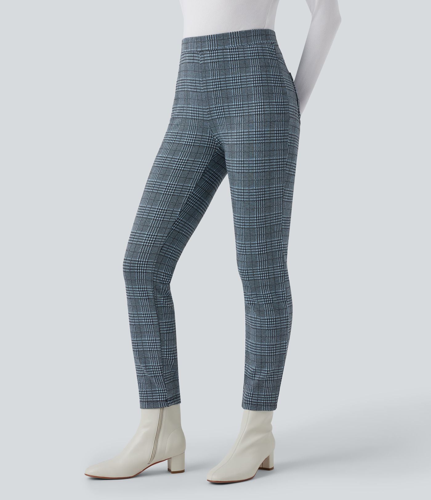 Halara Flex™ Pantalon skinny tailleur taille haute à motif pied-de-poule avec poches arrière