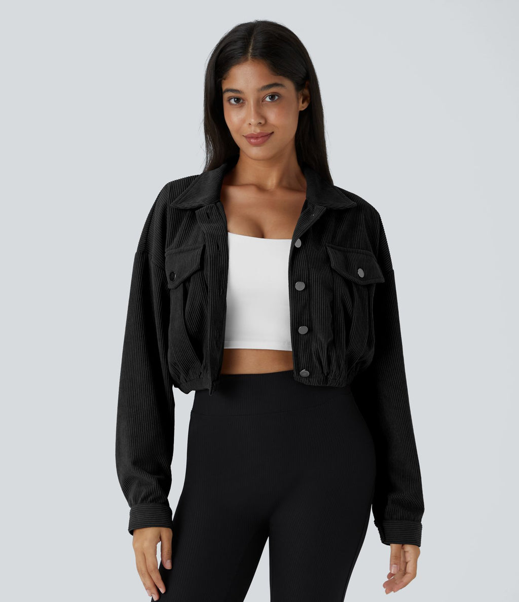 Veste Casual en Velours Côtelé à Boutons Poches Col Court