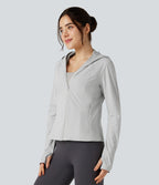 Veste de randonnée à capuche, manches longues, passants pouces et zip avec poches - UPF40+