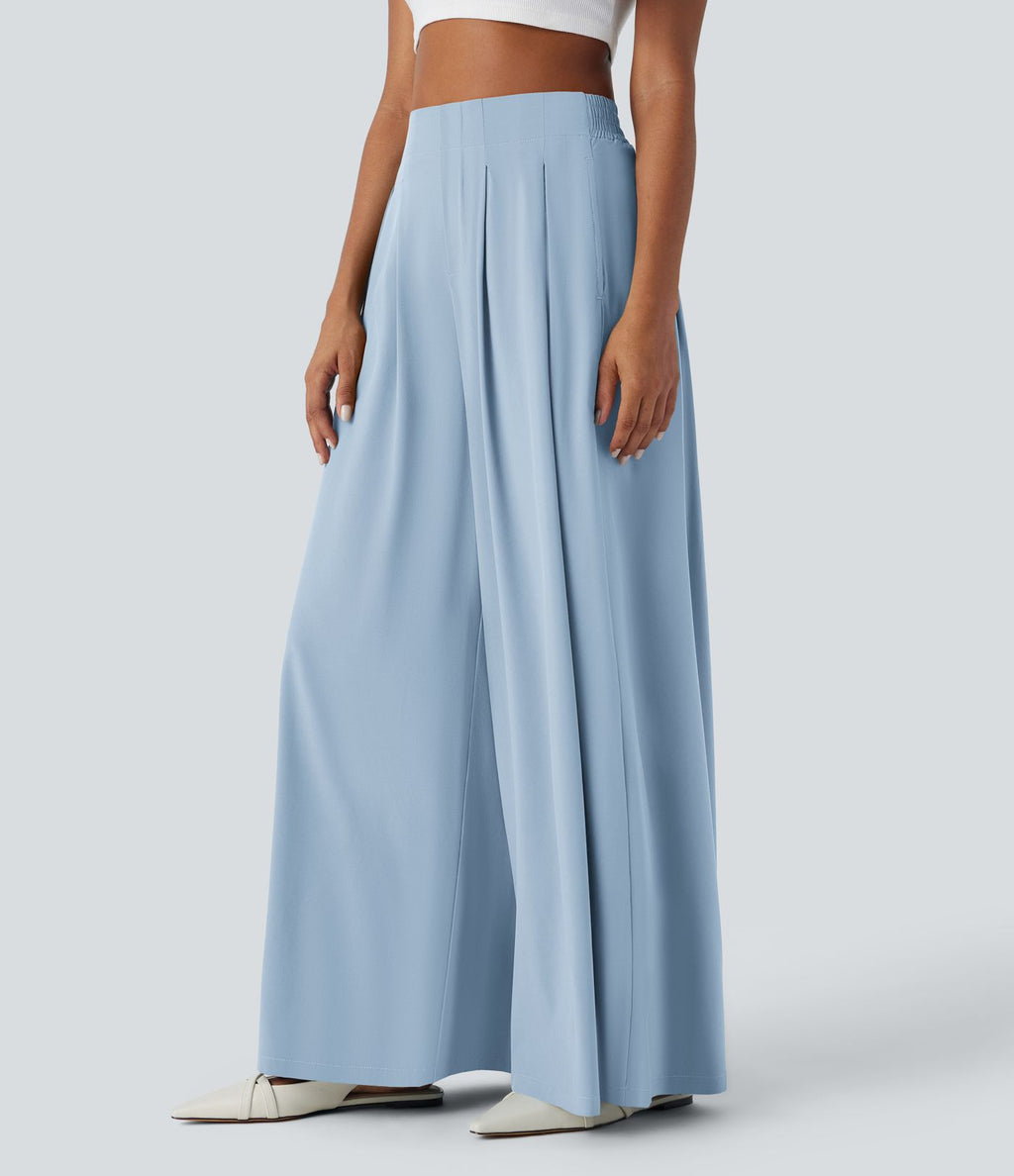 Breezeful™ Pantalon Large Fluide Taille Haute Plis Poches Latérales et Taille Élastique Séchage Rapide