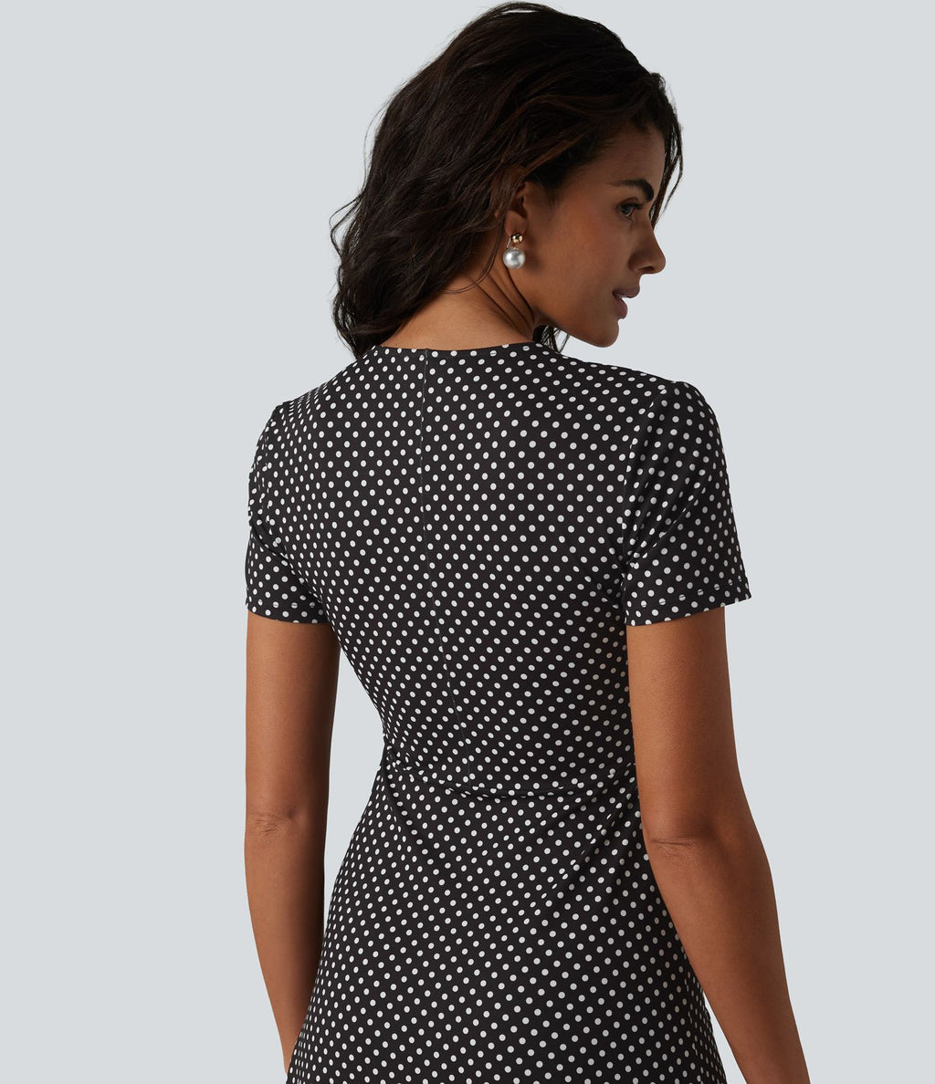 Robe casual à col V, manches courtes et imprimé à pois longueur genou