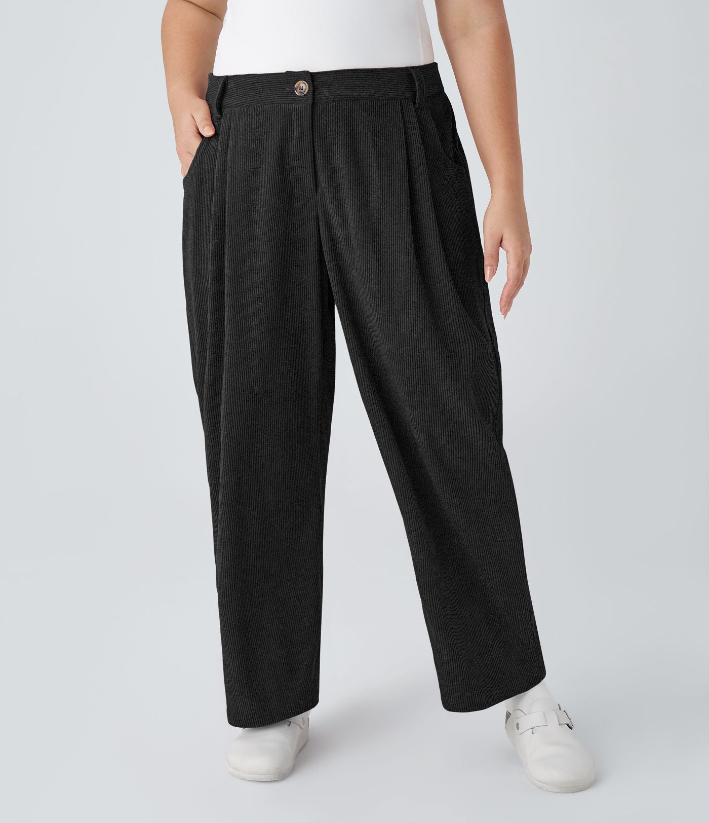 Pantalon Casual Grande Taille Velours Côtelé Taille Mi-haute Boutonnés Fermeture Éclair Poches Latérales