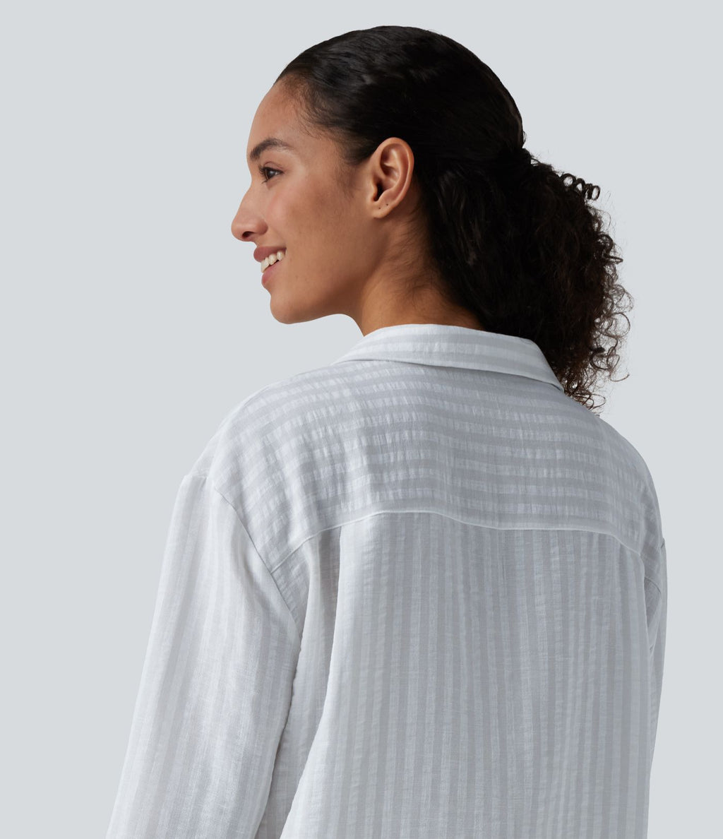 Chemise décontractée rayée col cranté manches longues aspect lin avec poche