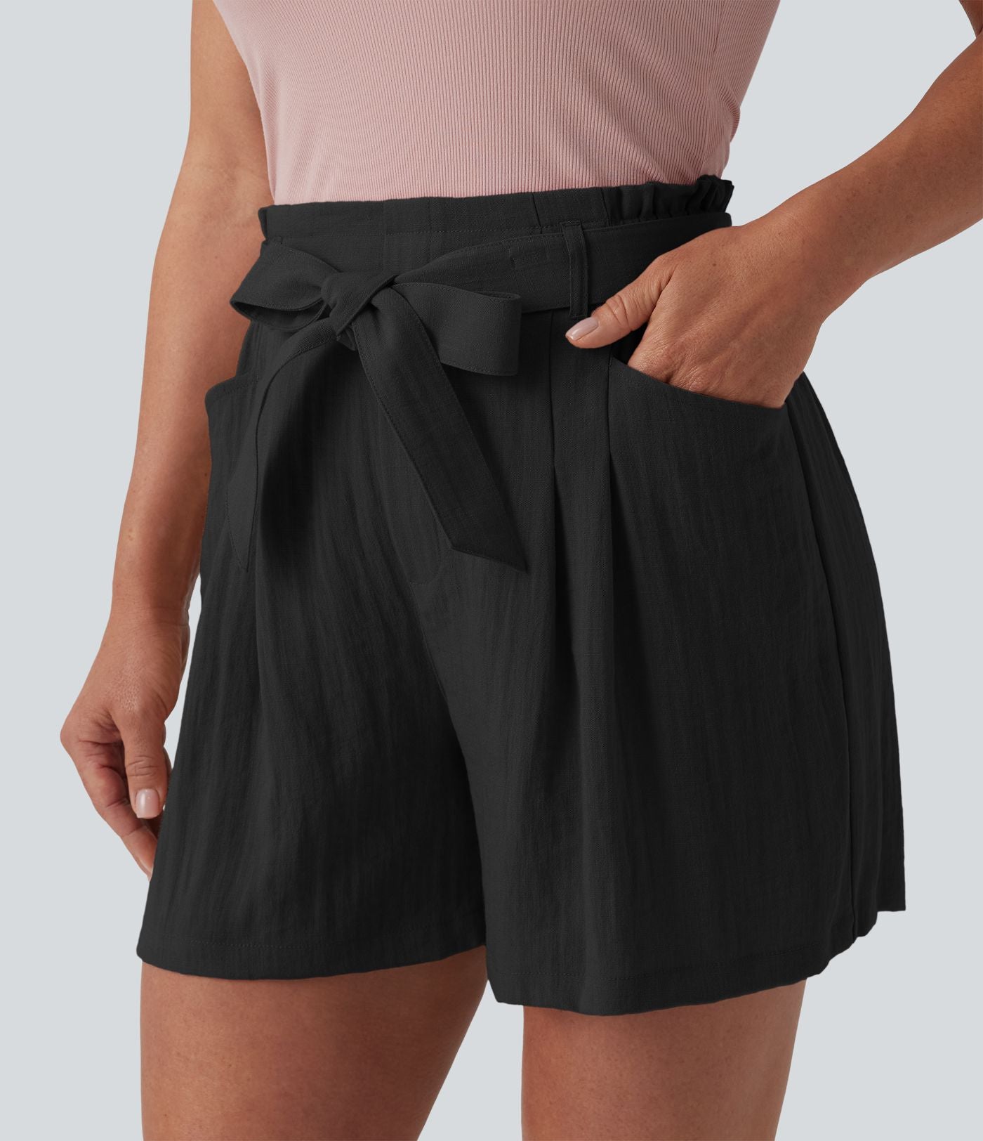 Short décontracté taille haute avec nœud devant aspect lin avec poches