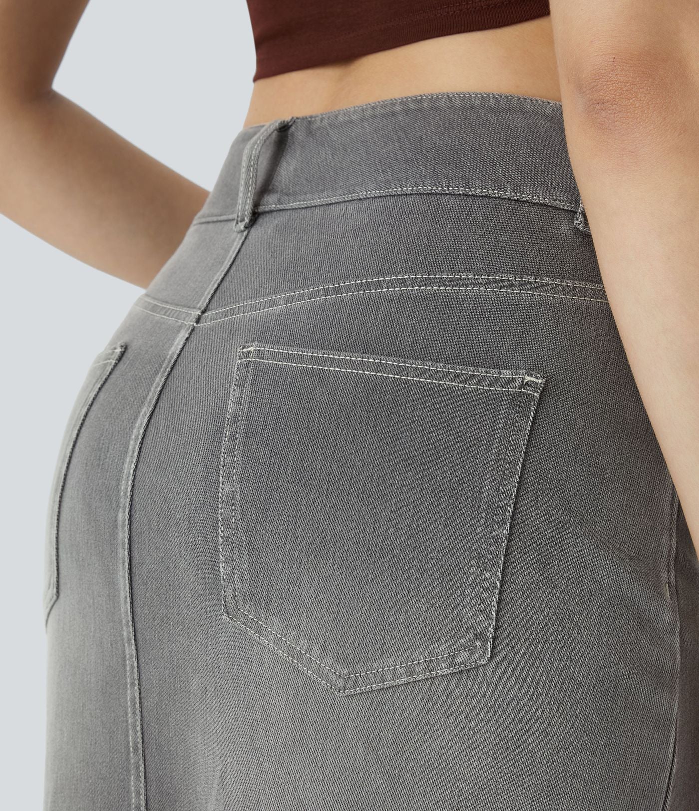 Halara Flex™ Jupe en Jean Casual Mi-Longue Délavé Extensible Plusieurs Poches Taille Haute