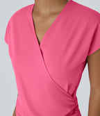 Blouse Travail Unie Froncée Croisée Manches Courtes Col en V