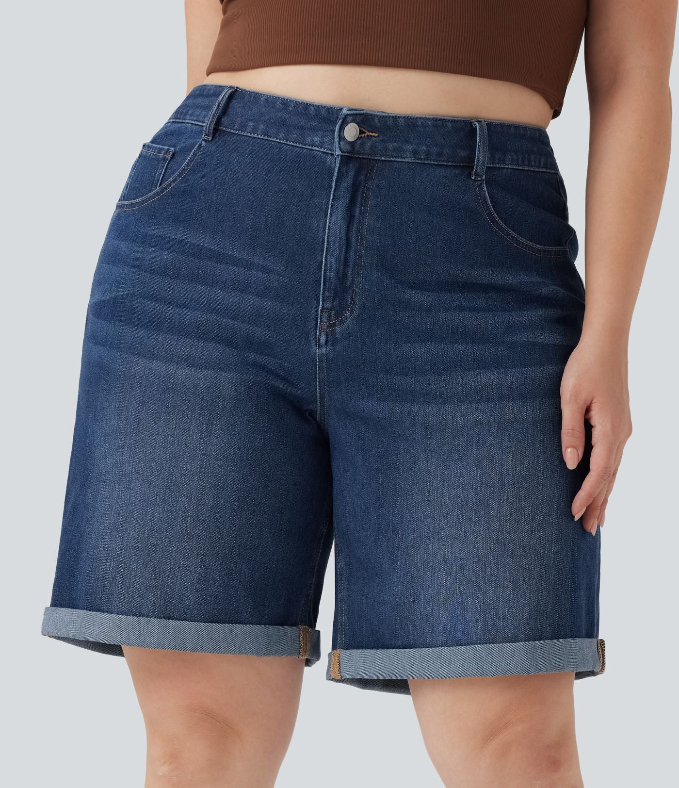 Short bermuda casual denim grande taille Halara Flex™ tricot extensible délavé taille haute multiples poches ourlet roulotté