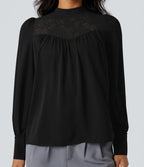 Chemise tailleur col montant dentelle contrastante manches longues