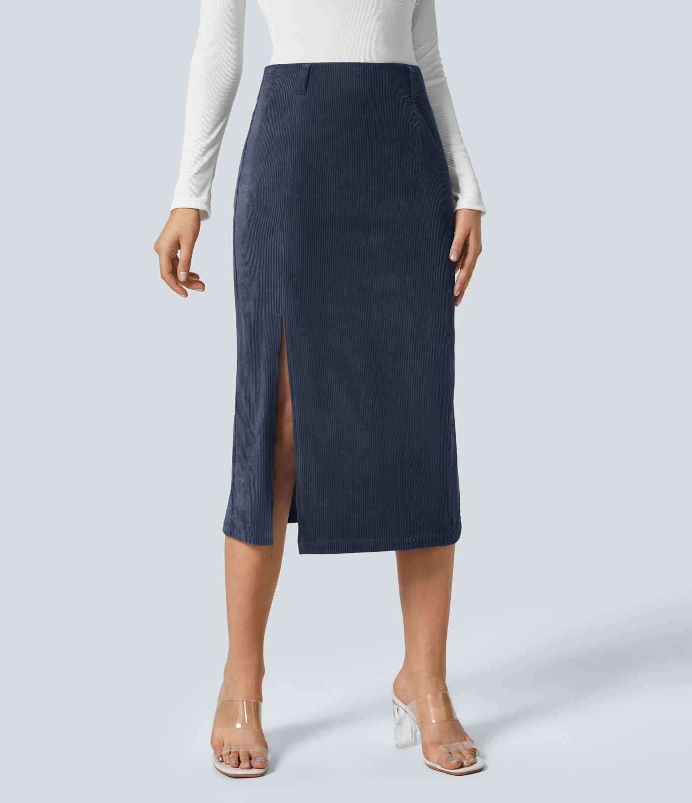 Jupe Casual en Velours Côtelé Mi-longue Taille Haute Fermeture Éclair Invisible et Fente fendue
