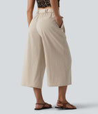 Pantalon large court casual taille haute avec ceinture aspect lin et poches