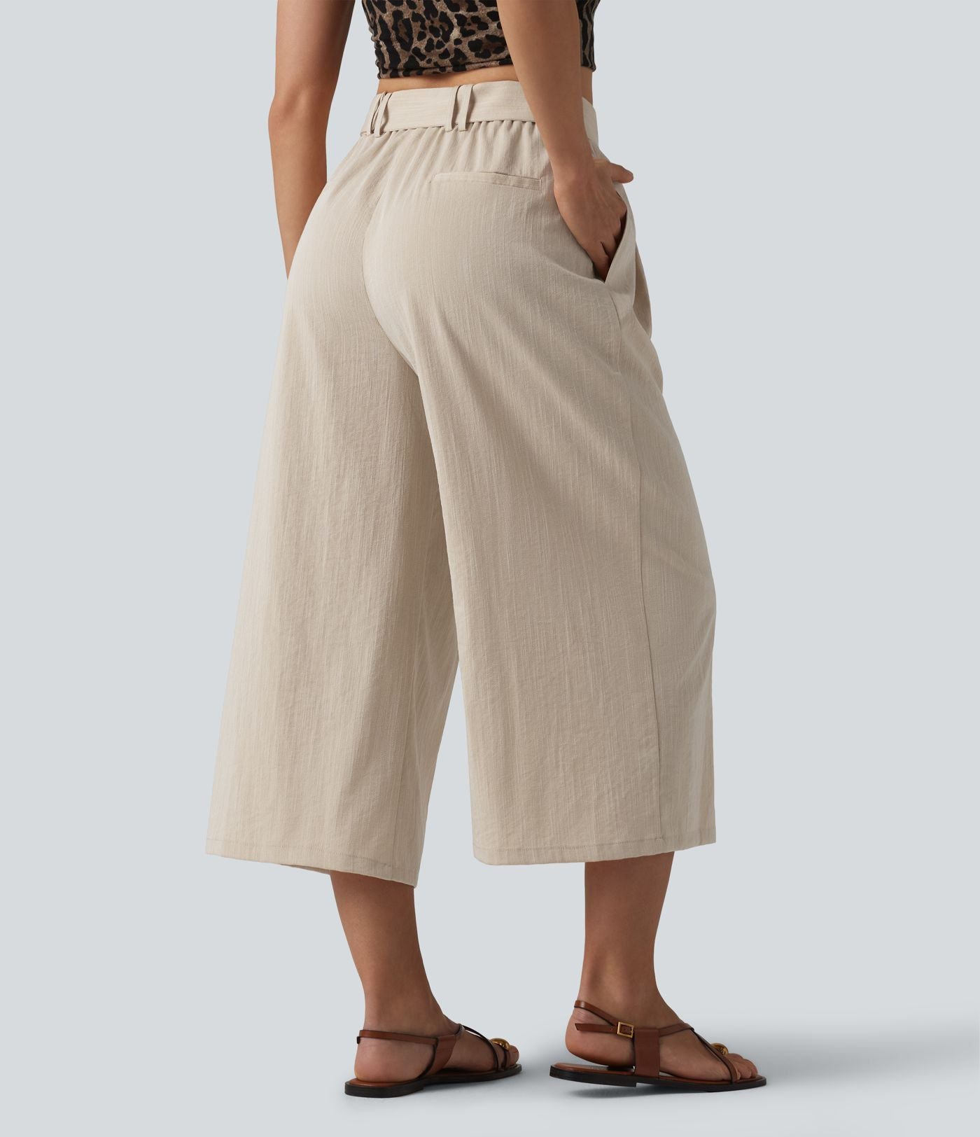 Pantalon large court casual taille haute avec ceinture aspect lin et poches