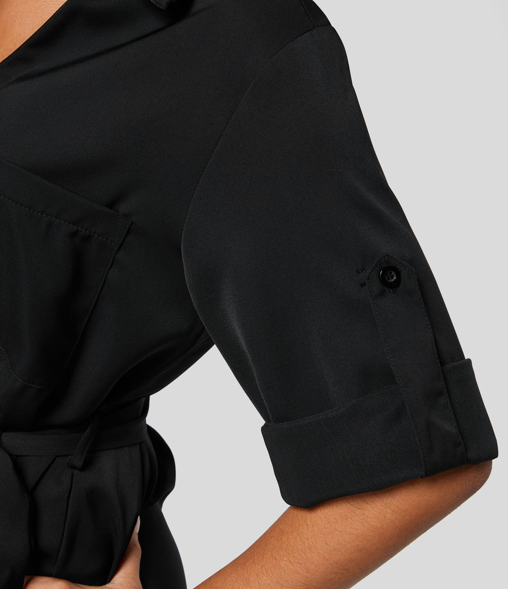 Robe-chemise décontractée à col, manches retroussables et ceinture