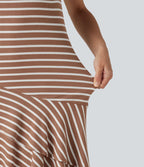 Robe mini décontractée à rayures col rond sans manches ourlet à volants superposés en maille côtelée