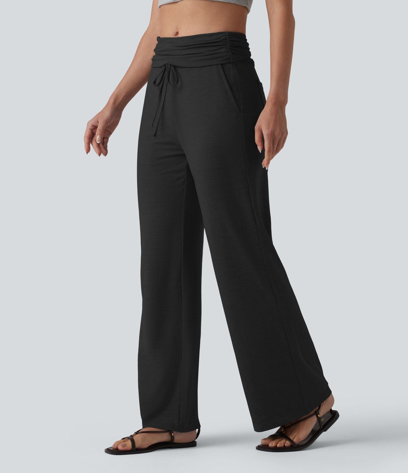 Pantalon casual évasé chiné taille mi-haute à ceinture rabattable, fronces et cordon de serrage avec poches