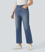 Jean 7/8 décontracté délavé taille haute coupe droite Halara Flex™ avec poches