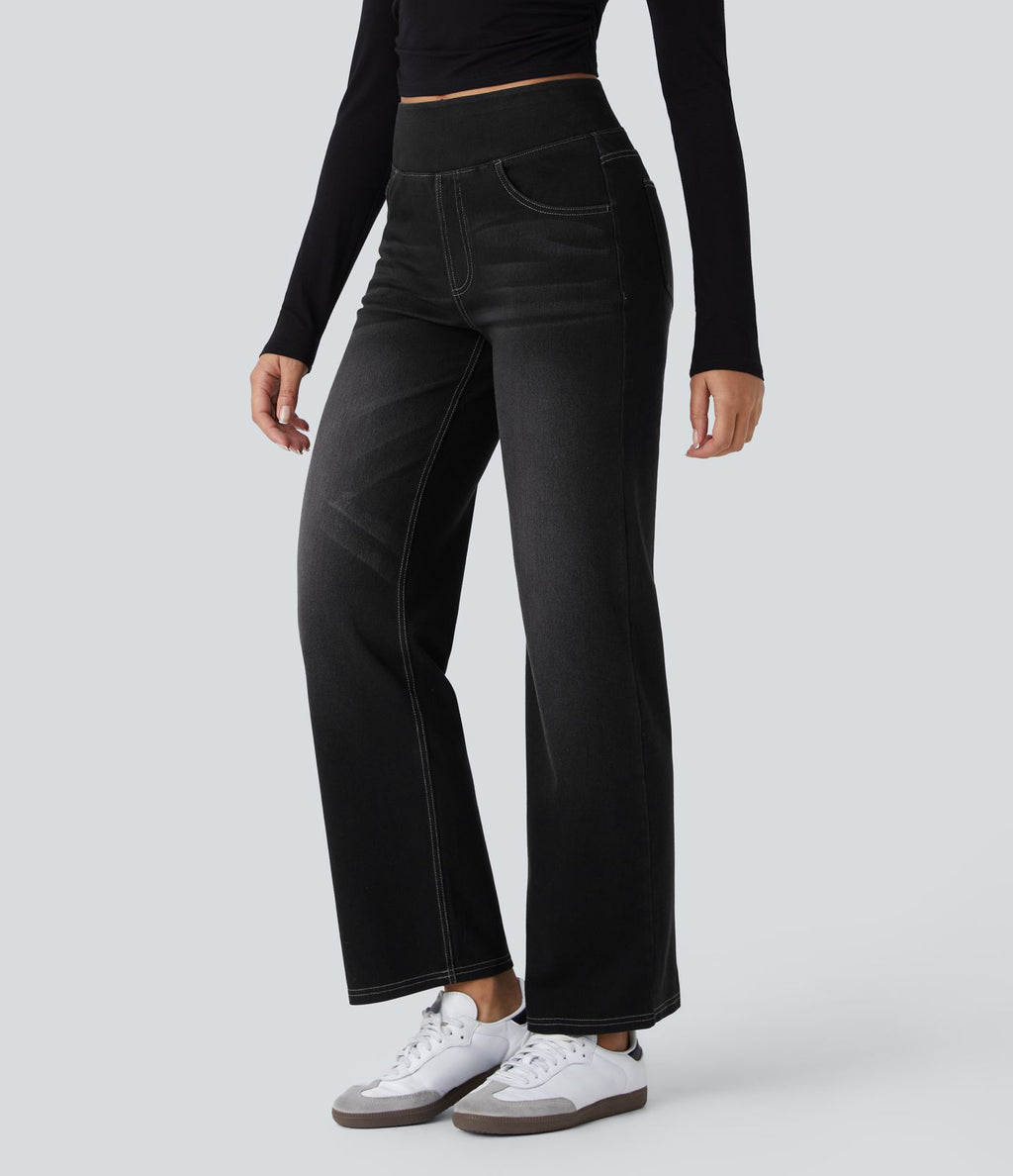 Jean décontracté Halara Flex™ taille haute, extensible, délavé, jambes droites avec poches multiples
