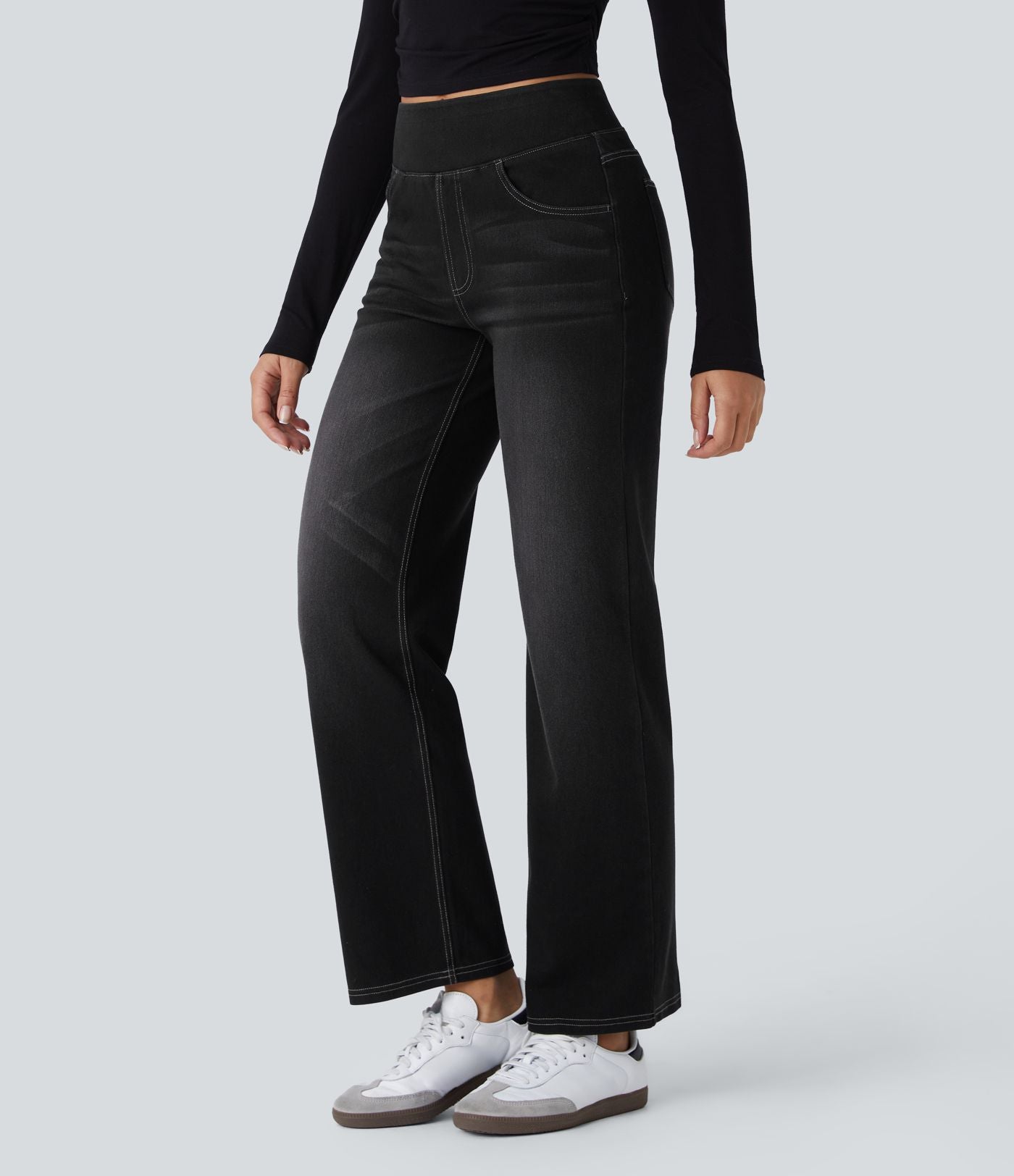 Jean décontracté Halara Flex™ taille haute, extensible, délavé, jambes droites avec poches multiples
