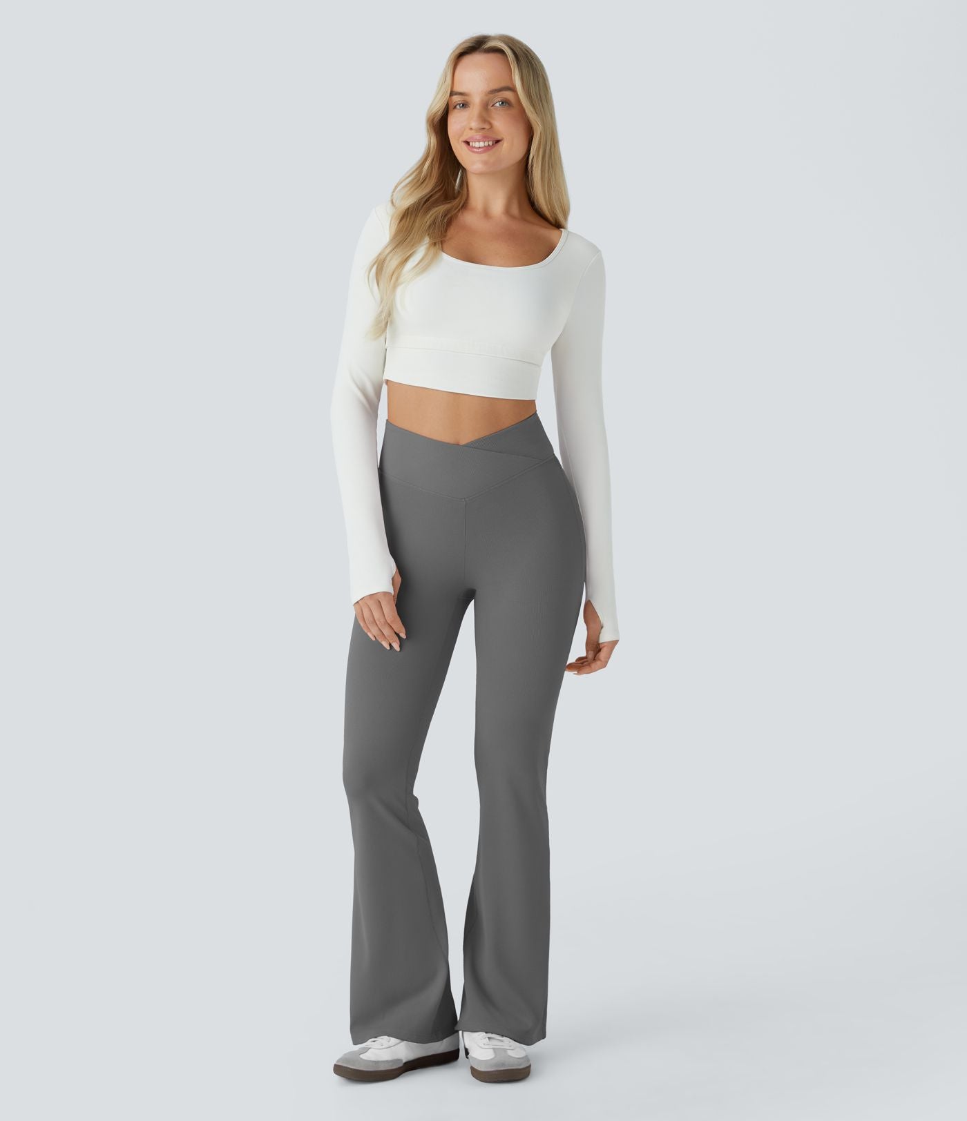 Pantalon décontracté évasé en maille gaufrée, taille haute, avec poches croisées