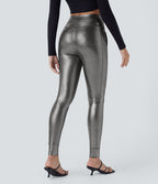 Jogging en simili SoftlyZero™ taille haute, effet sparkle métallisé, extensible avec poches