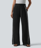 Pantalon large fluide décontracté taille haute color block aspect lin avec poches