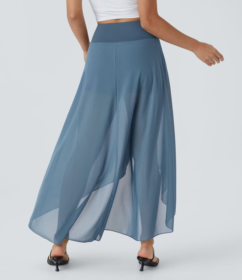 Jupe Longue Fluide Taille Haute à Volants 2 en 1 Poche Latérale Évasée en Mesh Casual Quotidien