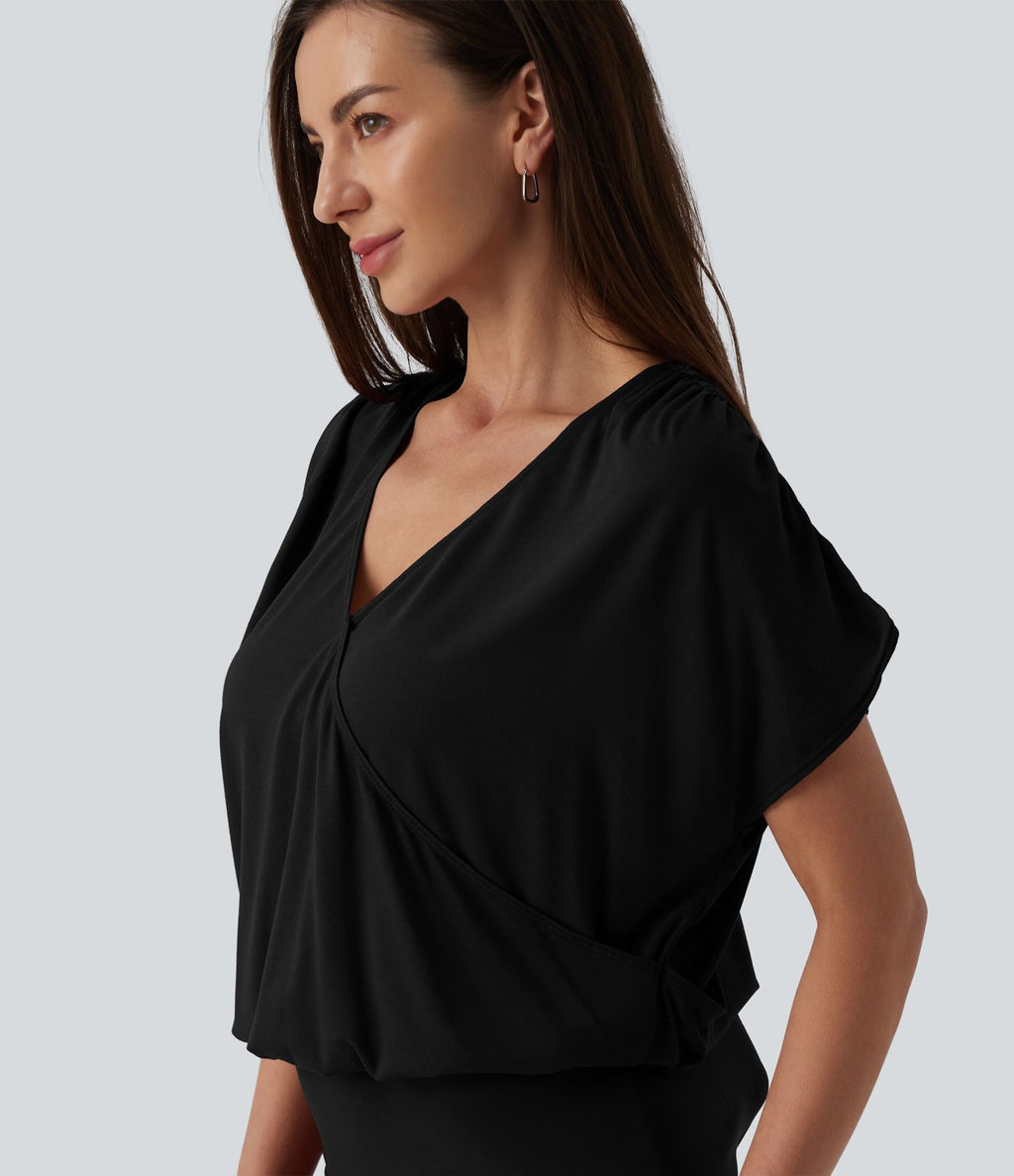 Robe micro mini moulante décontractée col V manches courtes dos noué