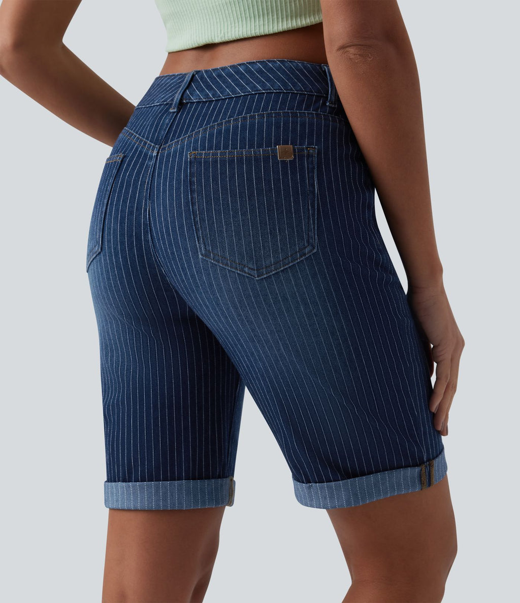 Short skinny casual en jean Halara Flex™ à rayures taille mi-haute avec ourlet retroussé et poches