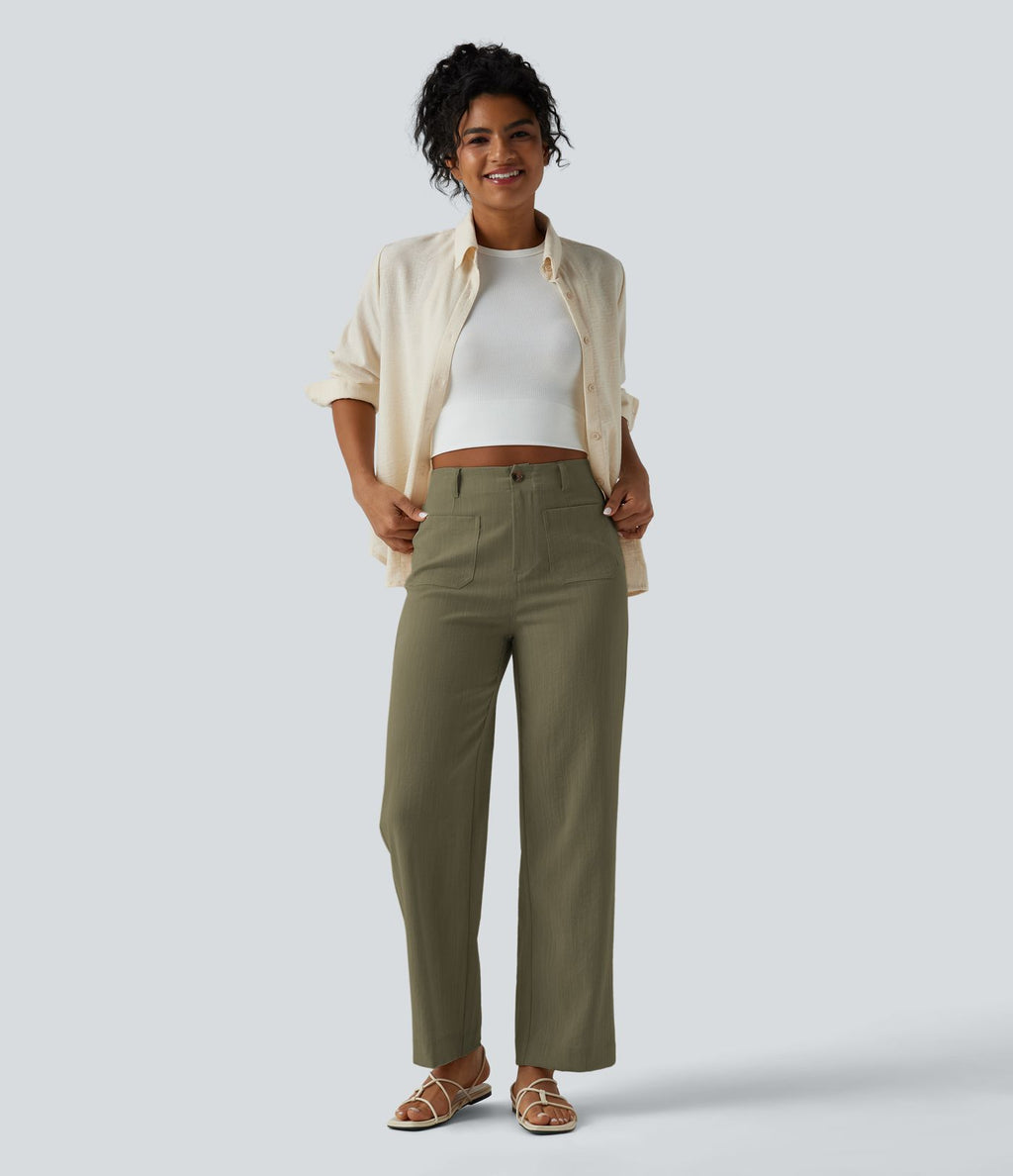 Pantalon taille haute coupe droite effet lin avec poches