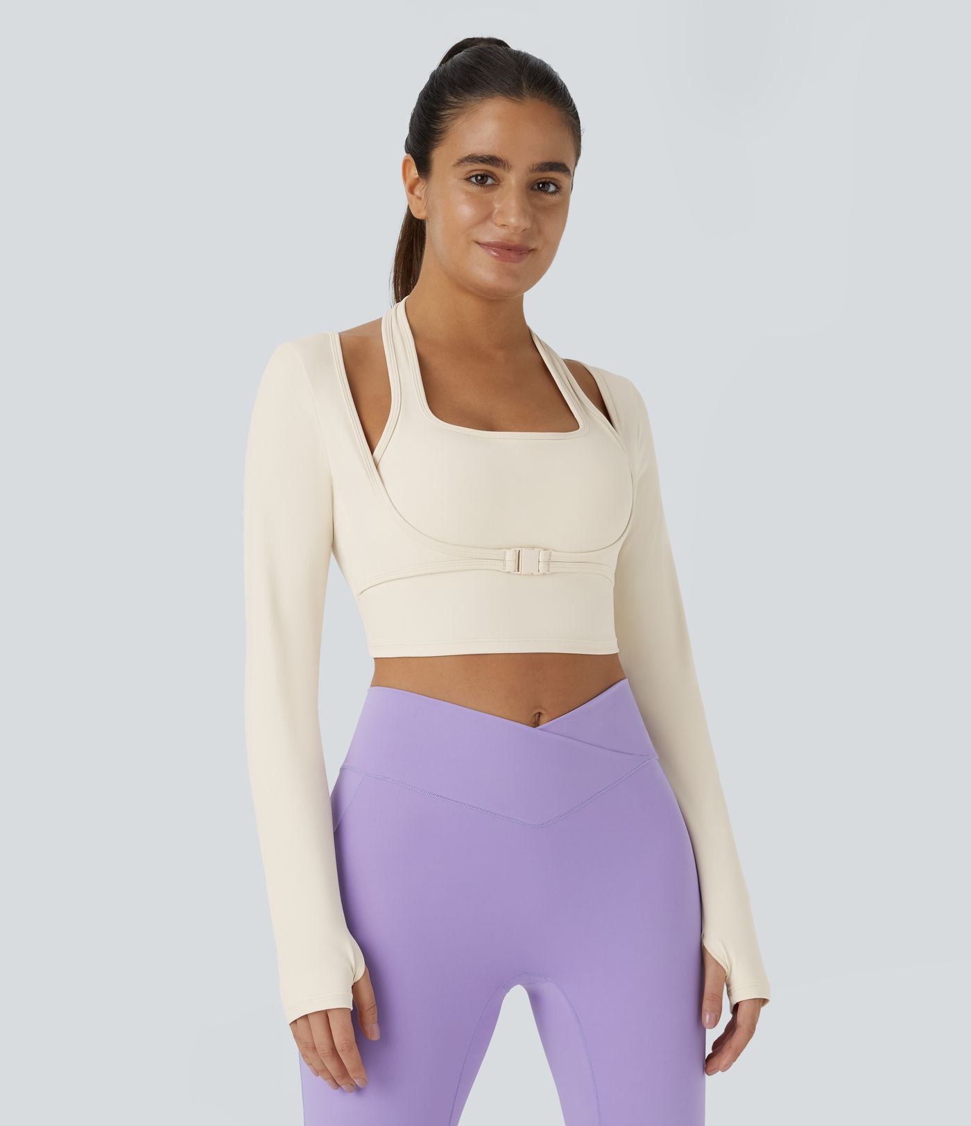 Softlyzero™ Plush Top Sport Yoga Manches Longues Trou pour le Pouce Dos Nu Col Halter