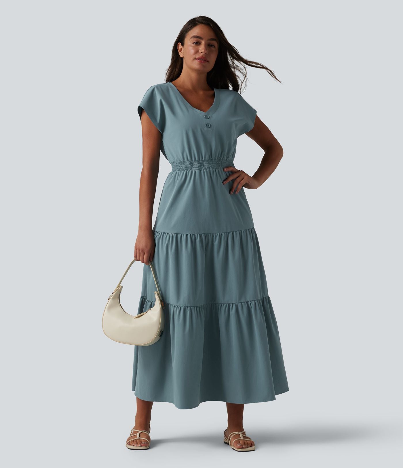 Robe midi décontractée en popeline stretch à manches courtes et col en V