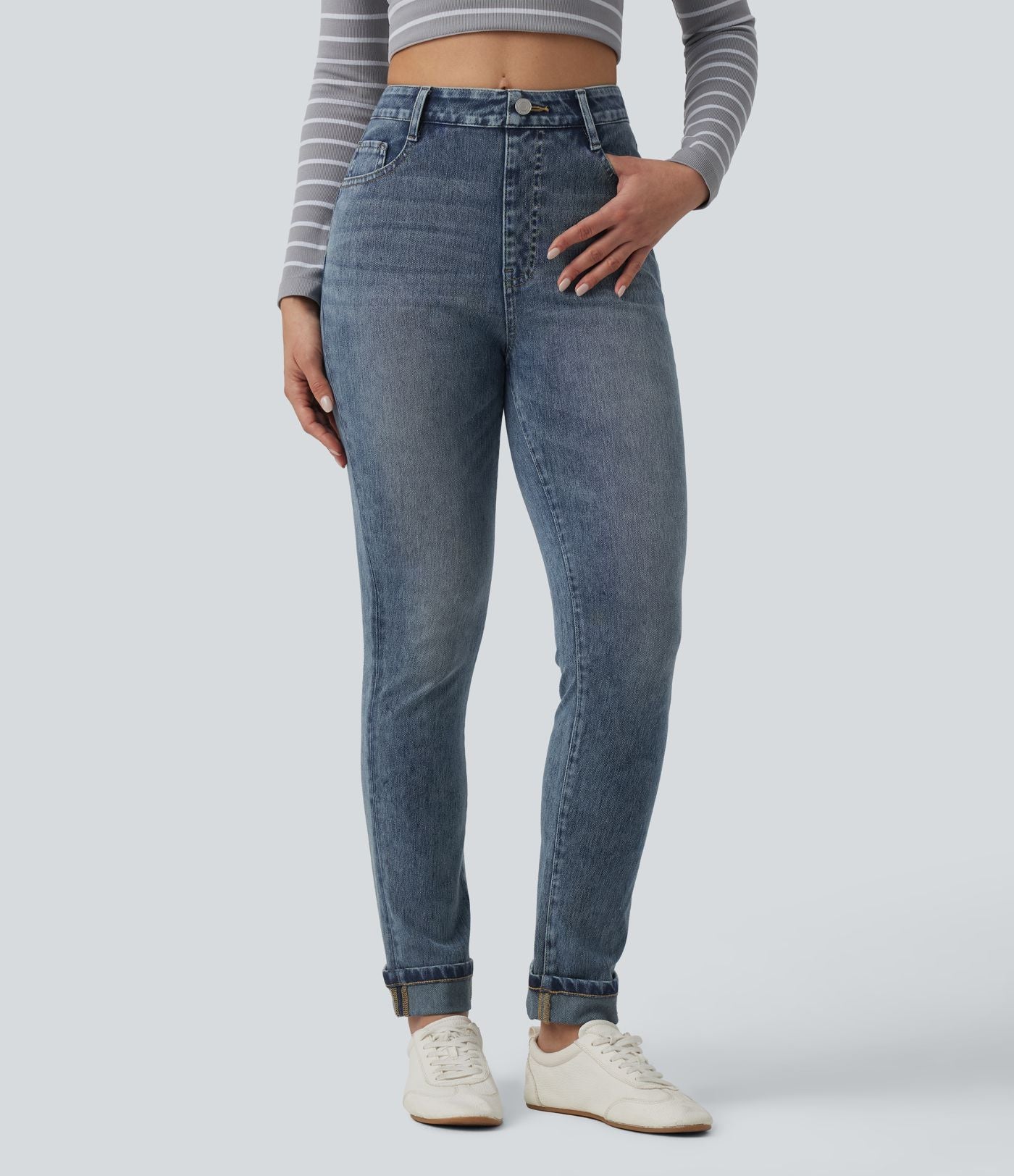Halara Flex™ Jean slim casual taille haute à ourlet retroussé avec poches