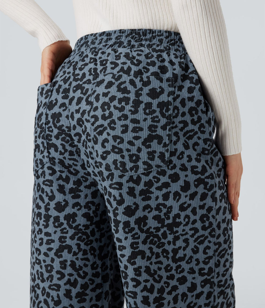 Pantalon léopard ample décontracté velours côtelé imprimé taille haute avec poches