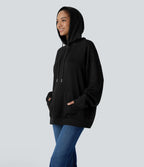Sweat-shirt décontracté à capuche avec cordon de serrage, manches longues, poche kangourou, coupe croisée et fente