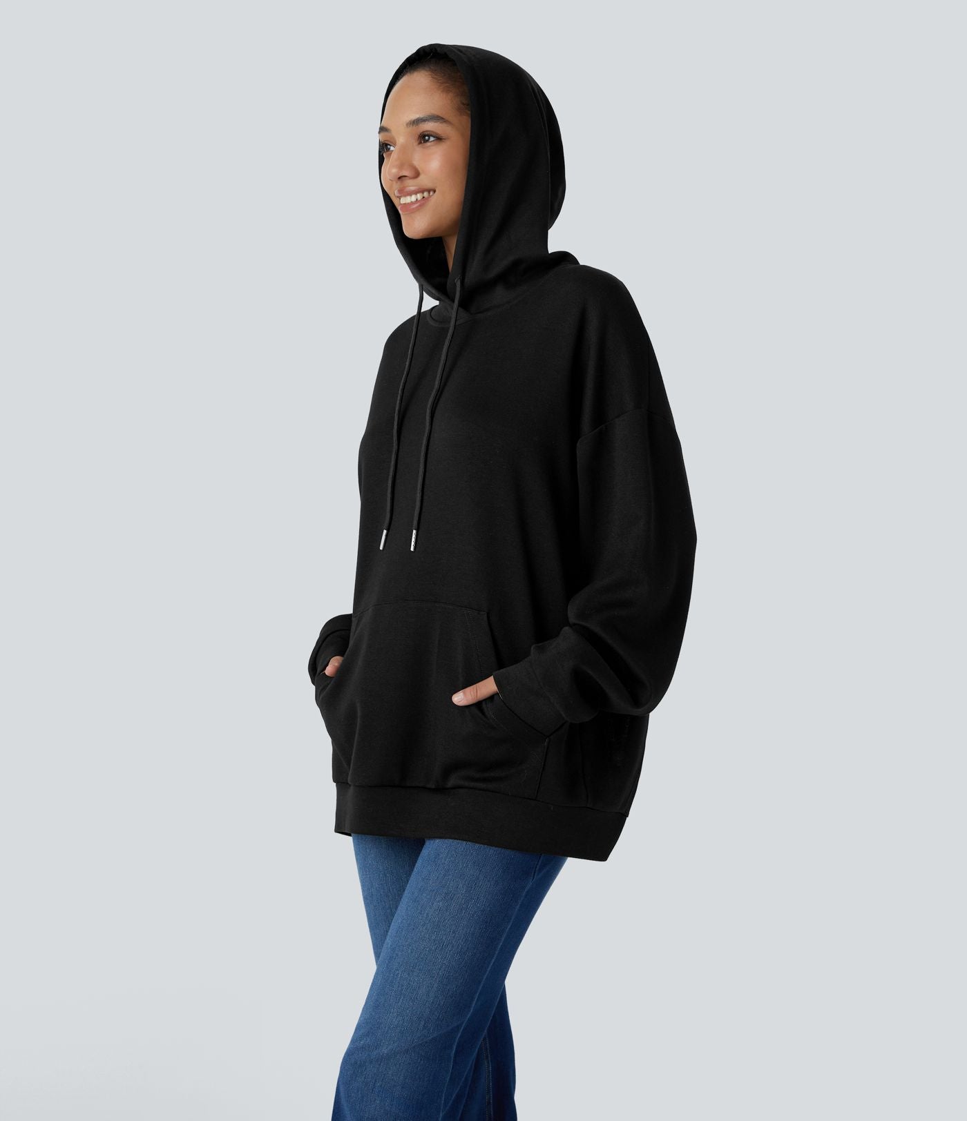 Sweat-shirt décontracté à capuche avec cordon de serrage, manches longues, poche kangourou, coupe croisée et fente