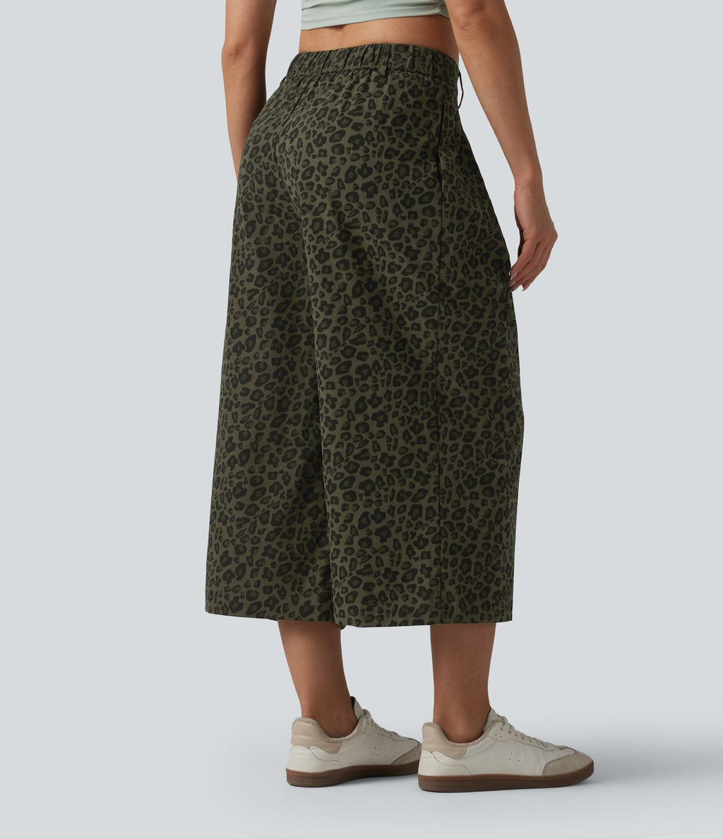 Pantalon léopard casual court taille mi-haute avec poches