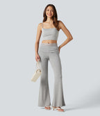 Pantalon décontracté évasé à taille mi-haute en maille côtelée extensible avec poches