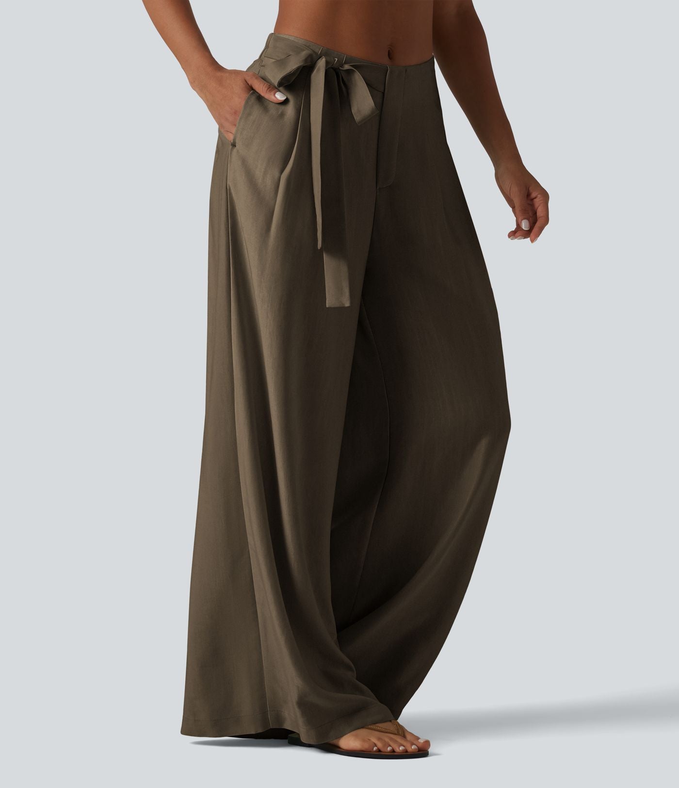 Pantalon large fluide taille haute en lin mélangé avec poches et liens latéraux
