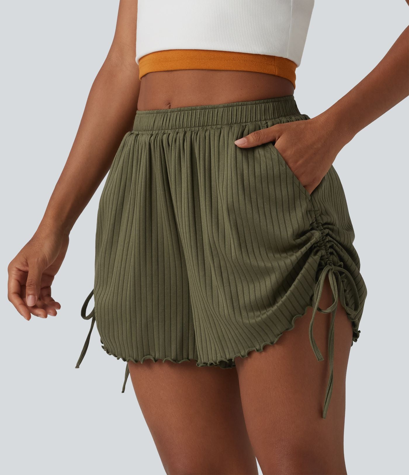 Short en maille côtelée taille mi-haute à cordon de serrage et ourlet ondulé 10 cm avec poches