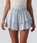 Short décontracté en satin à taille mi-haute, cordon de serrage et ourlet à volants superposés