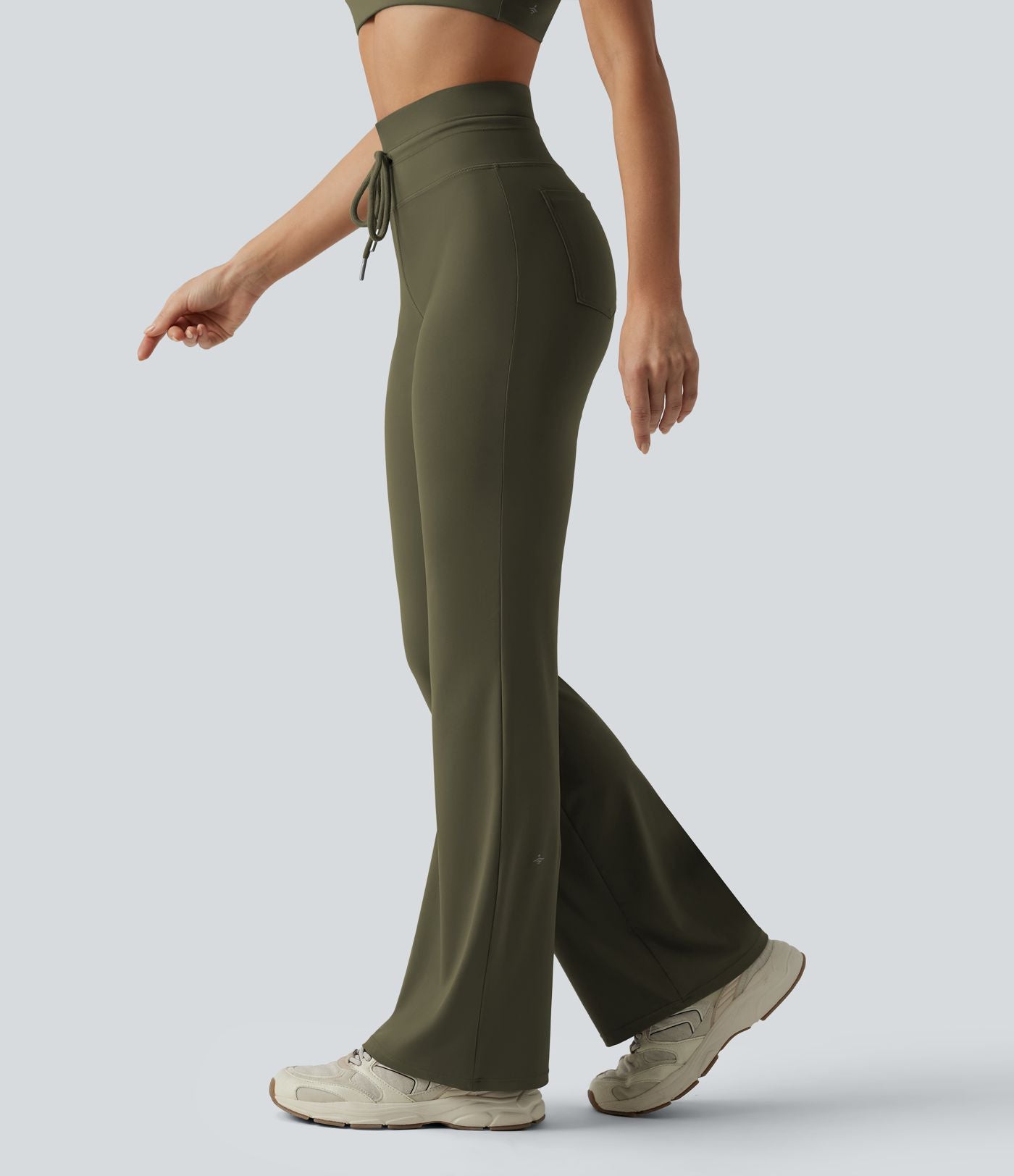 Pantalon de yoga évasé taille haute avec cordon de serrage uni et poches