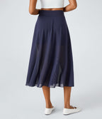 Jupe Casual Évasée Mesh Mi-Longue Fuide 2 en 1 Contrastée Taille Haute Cordon Poche Latérale