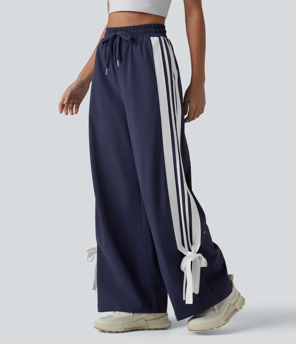 Pantalon large de course taille haute effet frais InstantCool à séchage rapide, color block à rayures avec nœud, cordon de serrage et poches, protection solaire UPF40+