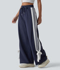 Pantalon large de course taille haute effet frais InstantCool à séchage rapide, color block à rayures avec nœud, cordon de serrage et poches, protection solaire UPF40+