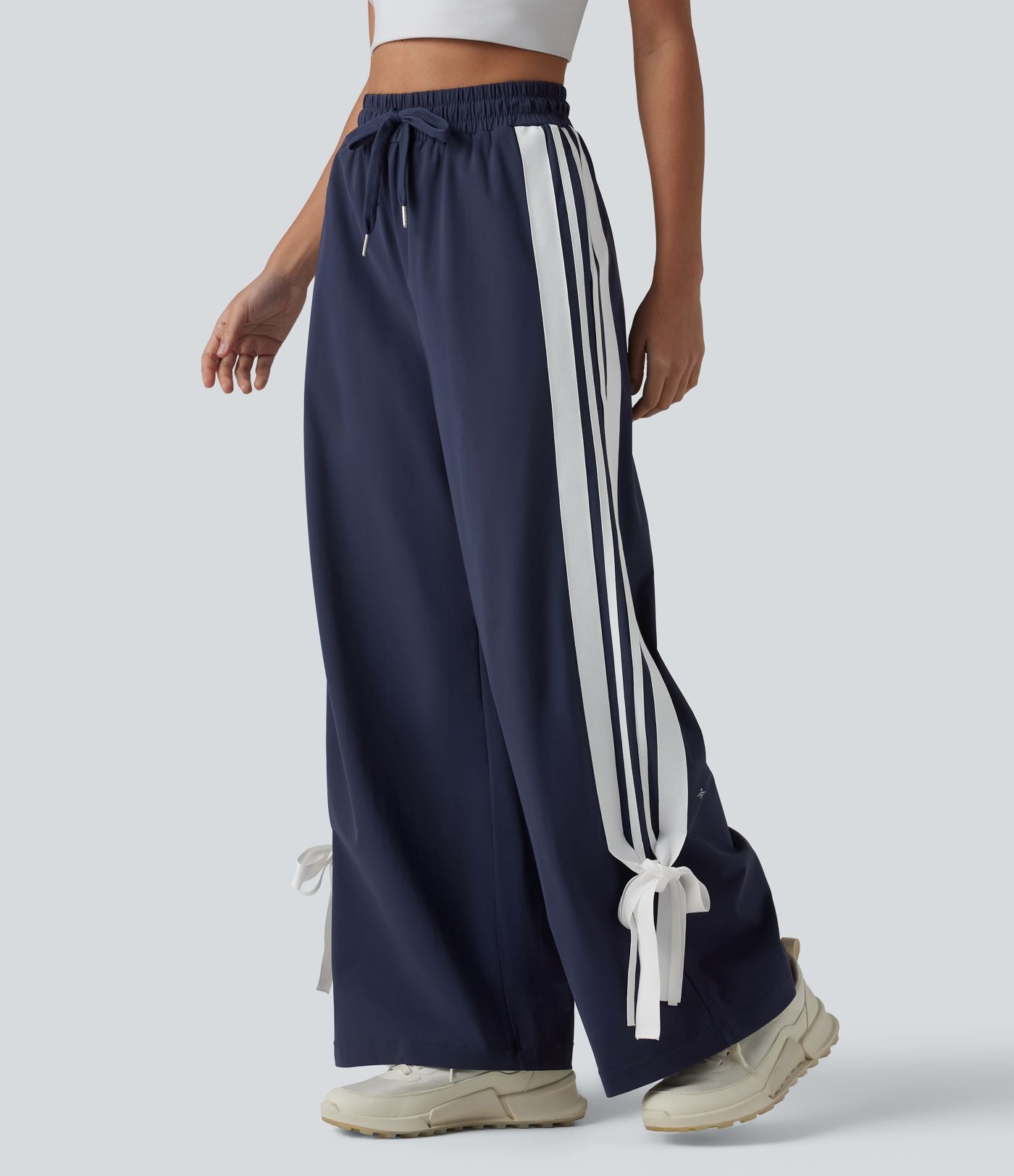 Pantalon large de course taille haute effet frais InstantCool à séchage rapide, color block à rayures avec nœud, cordon de serrage et poches, protection solaire UPF40+
