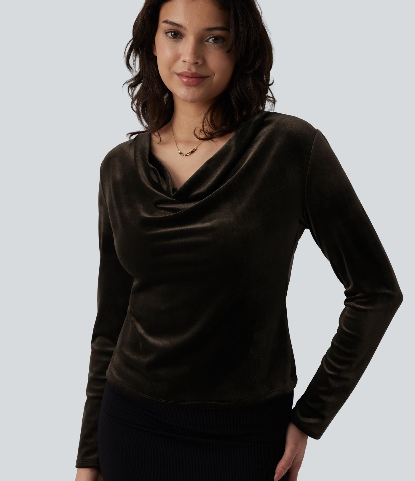 Top velours col drapé manches longues