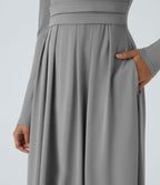 Robe longue décontractée à col montant, manches longues, plissée, avec poches latérales et coupe évasée