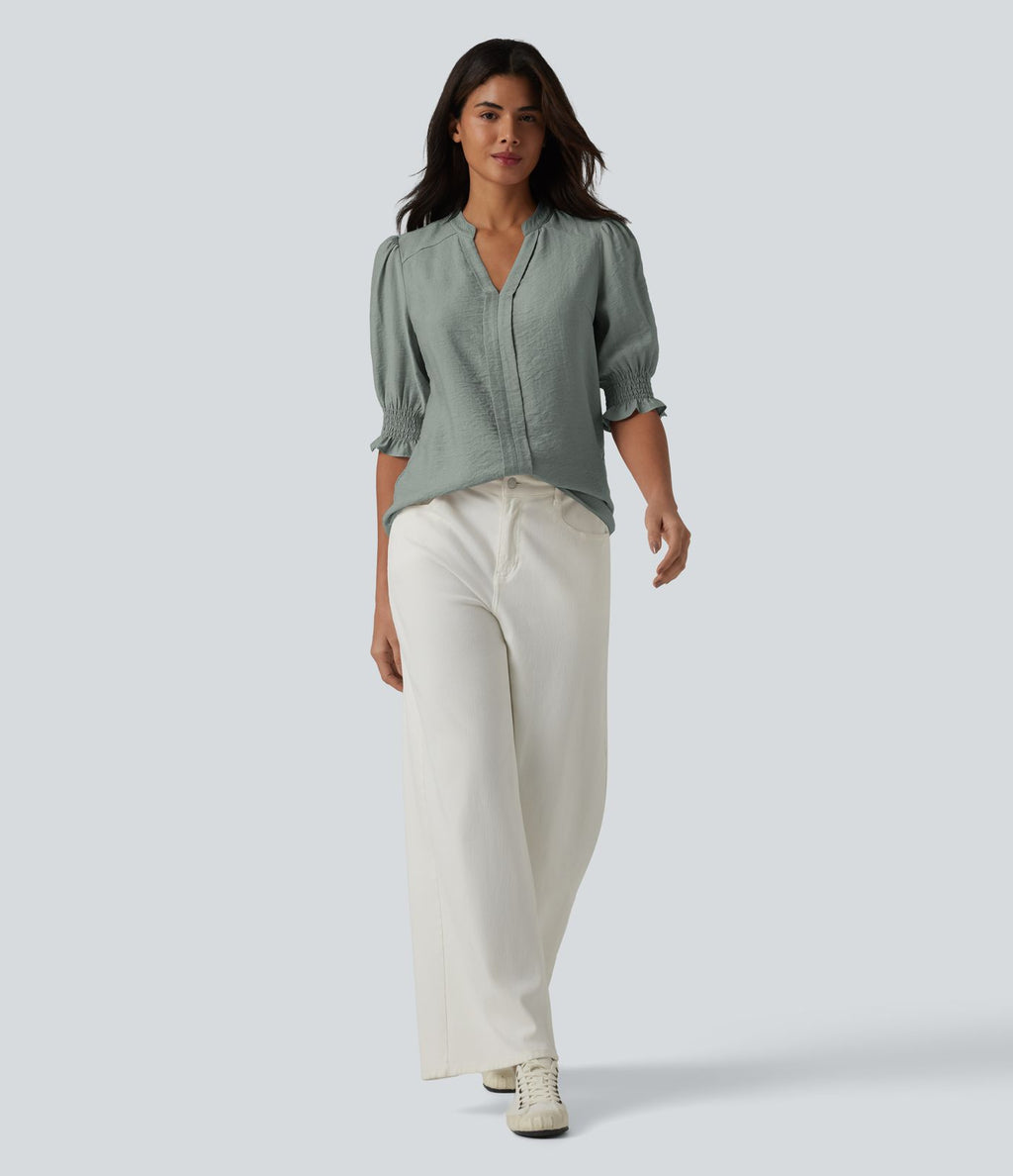 Blouse décontractée à col en V et manches courtes bouffantes