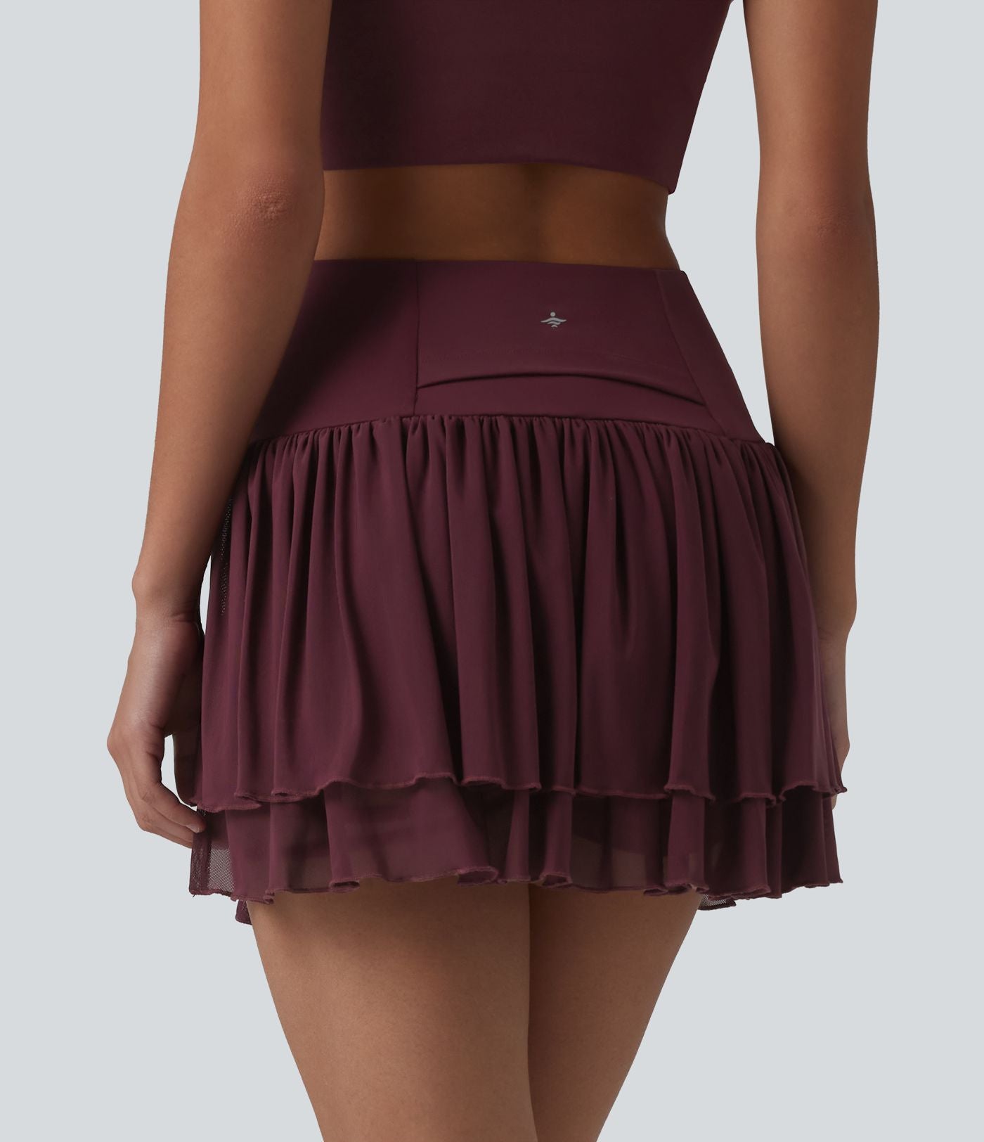 Jupe de danse mini 2-en-1 en mesh respirant à volants et ourlet asymétrique taille haute avec poches