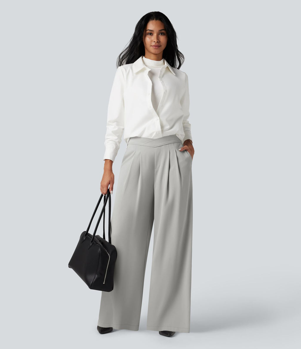 Pantalon tailleur large taille haute croisée avec poches